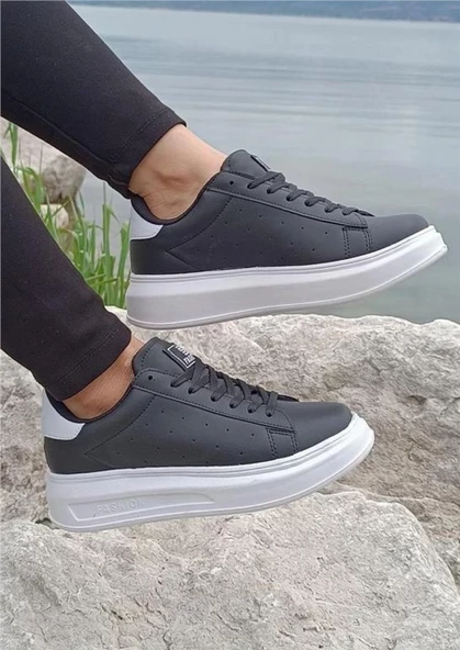 Darkstep 156 Siyah-Beyaz Cilt Kalın Taban Sneaker Ayakkabı - 1