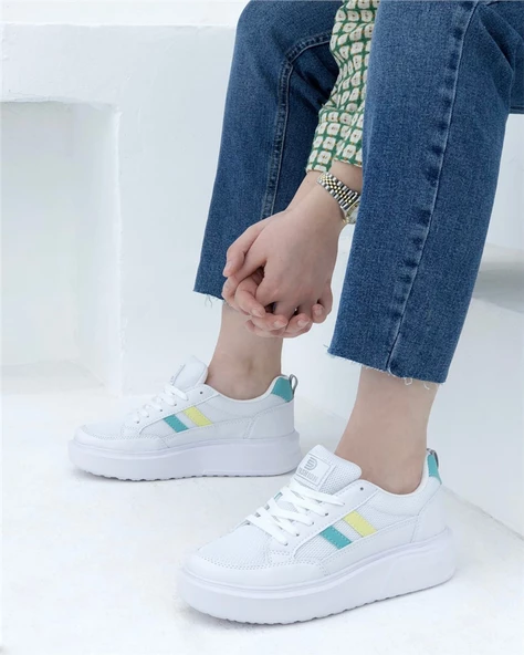 Darkstep 151 Kadın Beyaz-Sarı-S.Yeşil Anorak Kalın Taban Sneaker Ayakkabı - 3