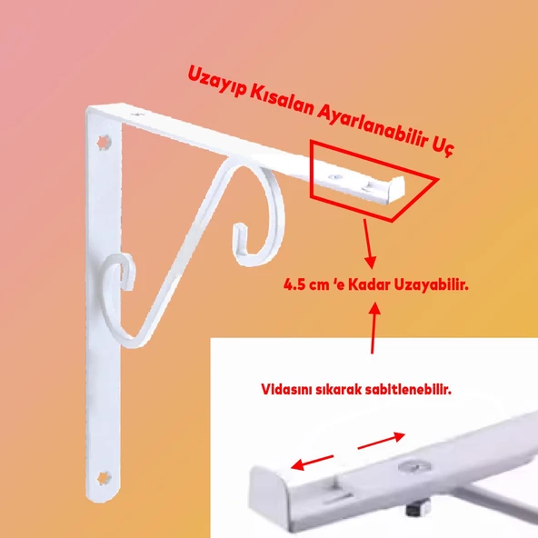 Raf Altı Raf Tutucu Ayak Ferforje Beyaz Ayarlanabilir Aparatlı 230 x 155 mm 2 ADET - 3