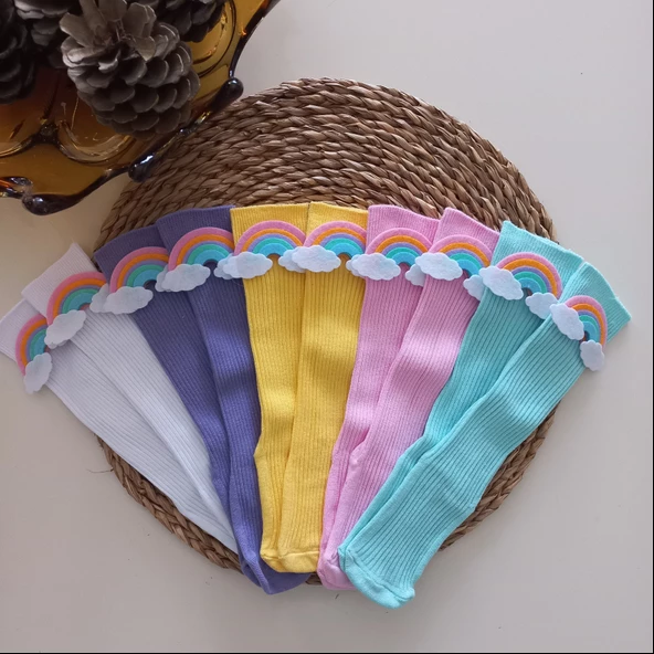 MARS BABY Kız Bebek Beyaz Sarı Lila Pembe Mint Gökkuşağı Keçe Figürlü Dizaltı Çorap - 2
