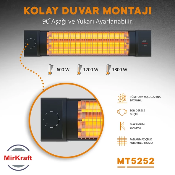 Mirkraft MT-5252 1800 watt 3 Kademe Quartz Elektrikli Isıtıcı… - 7