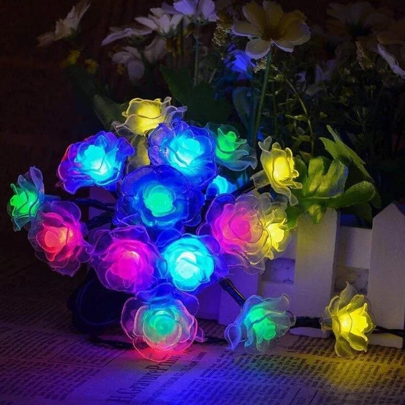 Solar 30Led Ampül 4M İp Gül Desen Güneş Enerjili Dekorasyon Doğum Günü Düğün - 3