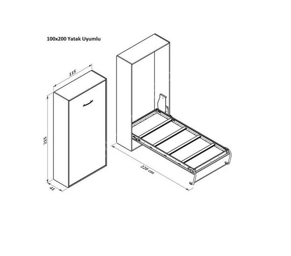 Katlanır Duvar Yatak Mekanizması 100x200 Dikey Açılır Mekanizma Takım