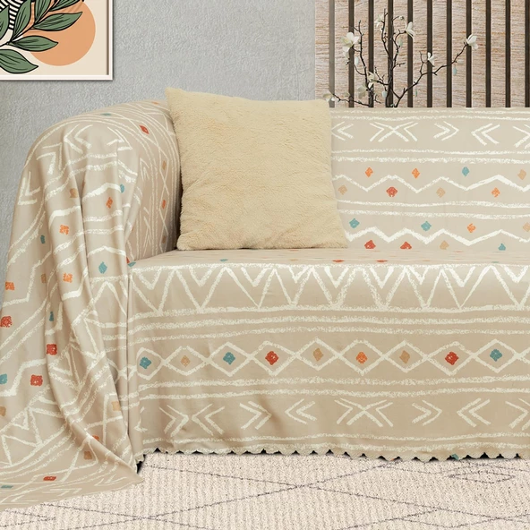 SoftMicro Etnik Desenli Boho130x180 cm  Koltuk Örtüsü Şalı, Kanepe Örtüsü, Tv Battaniyesi Camel - 2