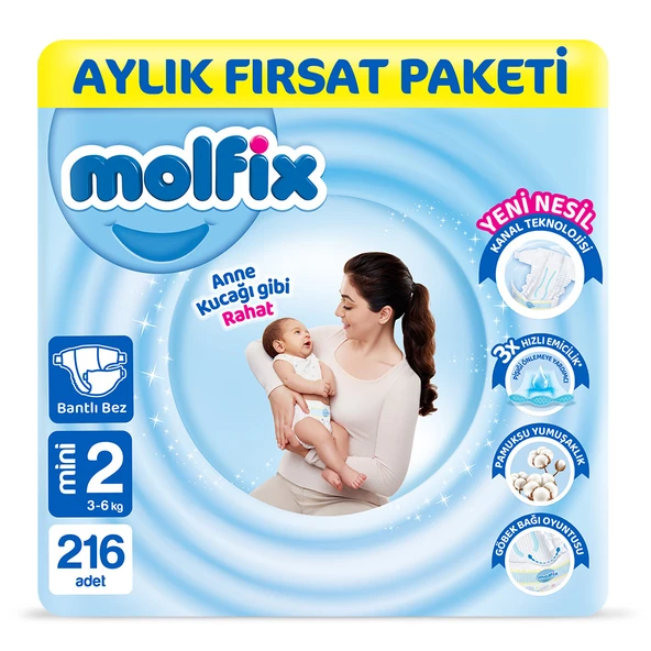 Molfix Bebek Bezi 2 Beden Mini Aylık Fırsat Paketi 216 Adet