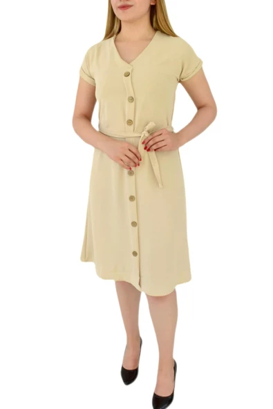 Kadın Dügmeli Ayrobin Kısa Kol Elbise BGL-ST03031 - Resim 2