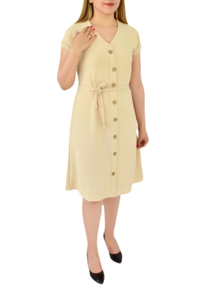 Kadın Dügmeli Ayrobin Kısa Kol Elbise BGL-ST03031 - Resim 3