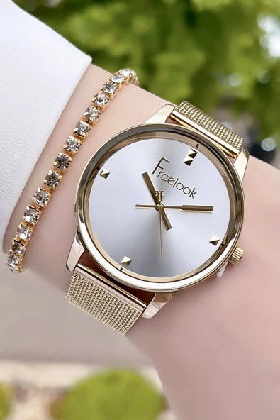 Freelook FLISTE20 Gold Renk 5 ATM Su Geçirmez Kadın Kol Saati ve Bileklik - Resim 2