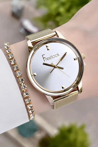 Freelook FLISTE20 Gold Renk 5 ATM Su Geçirmez Kadın Kol Saati ve Bileklik - Resim 4