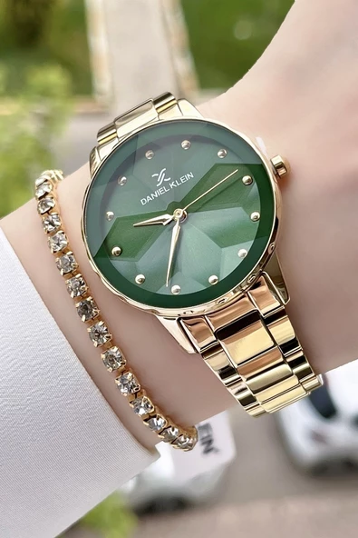 Daniel Klein DKISTE79 Gold Yeşil Renk Kesme Camlı Kadın Kol Saati ve Bileklik