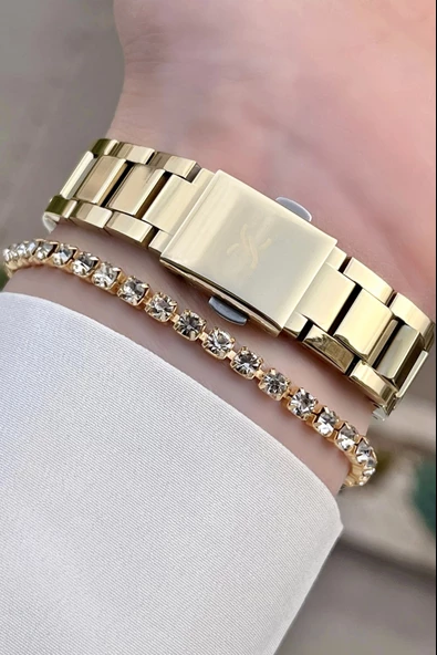 Daniel Klein DKISTE79 Gold Yeşil Renk Kesme Camlı Kadın Kol Saati ve Bileklik - 4