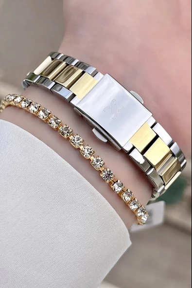 Daniel Klein DKISTE80 Gold Gümüş Renk Kesme Camlı Kadın Kol Saati ve Bileklik - Resim 4