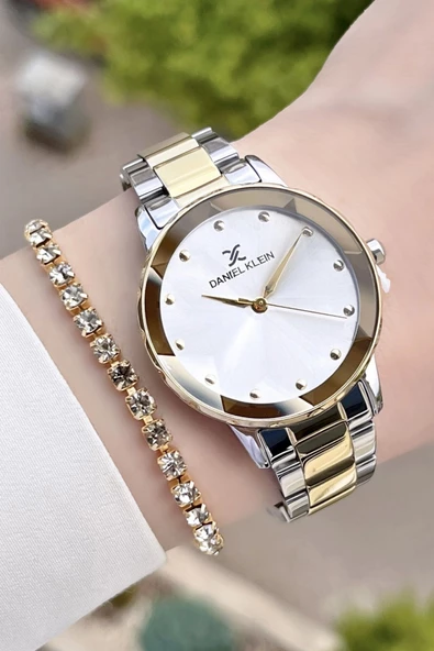 Daniel Klein DKISTE80 Gold Gümüş Renk Kesme Camlı Kadın Kol Saati ve Bileklik - Resim 5