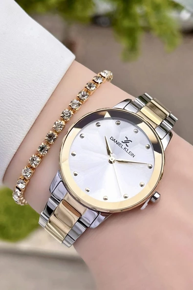 Daniel Klein DKISTE80 Gold Gümüş Renk Kesme Camlı Kadın Kol Saati ve Bileklik - Resim 3