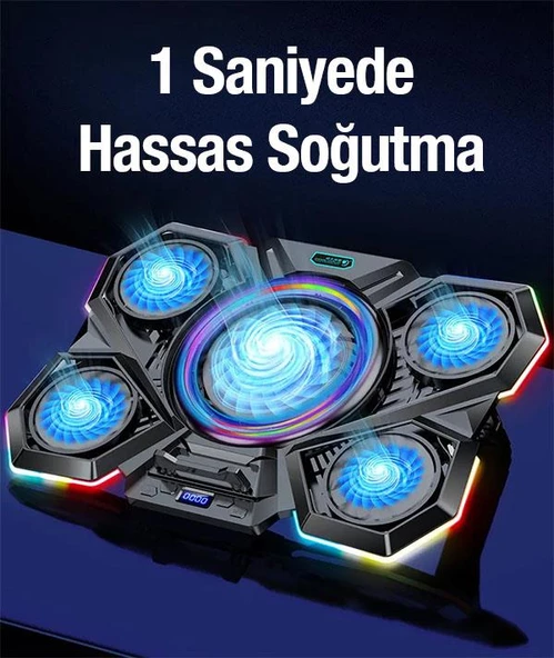 Polham 5 Adet Fanlı RGB Işıklı Ultra Sessiz Isı Göstergeli Notebook Soğutucu Stant, 2 USB Girişli - 2