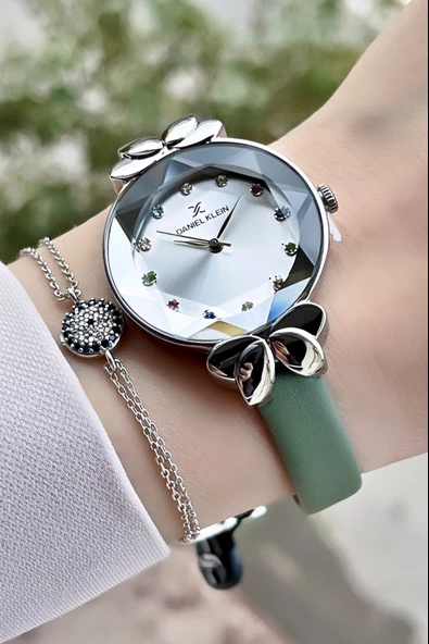 Daniel Klein DKISTE41 Yeni Model Mint Yeşili Renk Deri Kordon Kadın Kol Saati ve Bileklik - Resim 2