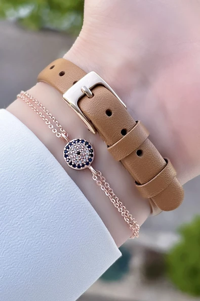 Daniel Klein DKISTE38 Kasası Rose Kordonu Kahverengi Renk Deri Kordon Kadın Kol Saati Ve Bileklik - Resim 5