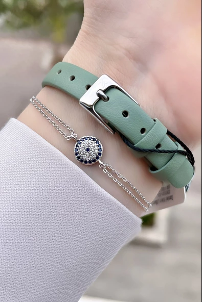 Daniel Klein DKISTE41 Yeni Model Mint Yeşili Renk Deri Kordon Kadın Kol Saati ve Bileklik - Resim 3