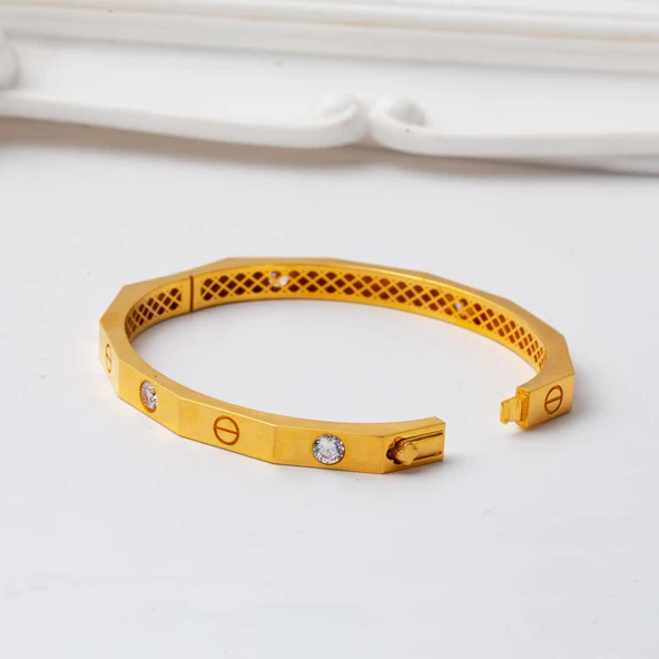 Köşeli Taşlı 22 Ayar Kartiyer Altın Kelepçe Bilezik - 3