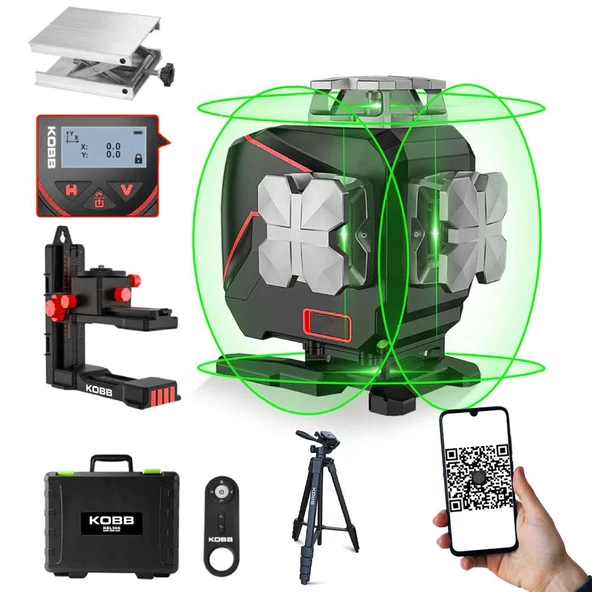 Kobb Kbl36gtp Profesyonel Li-İon Şarjlı 4X360⁰ Lcd Ekran Otomatik Hizalamalı Yeşil Çapraz Çizgi Lazer Distomat+Tripod