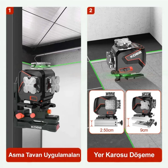Kobb Kbl36gtp Profesyonel Li-İon Şarjlı 4X360⁰ Lcd Ekran Otomatik Hizalamalı Yeşil Çapraz Çizgi Lazer Distomat+Tripod - 8