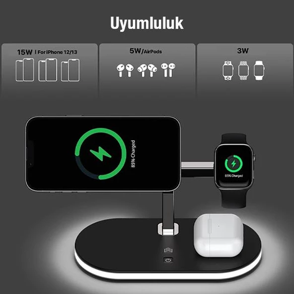 Polham 15W 4in1 Gece Lambalı Magsafe Kablosuz Şarj Standı, İphone, Apple watch ve Airpods Pro/2 Şarj - 5