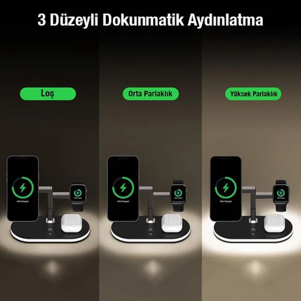 Polham 15W 4in1 Gece Lambalı Magsafe Kablosuz Şarj Standı, İphone, Apple watch ve Airpods Pro/2 Şarj - 3