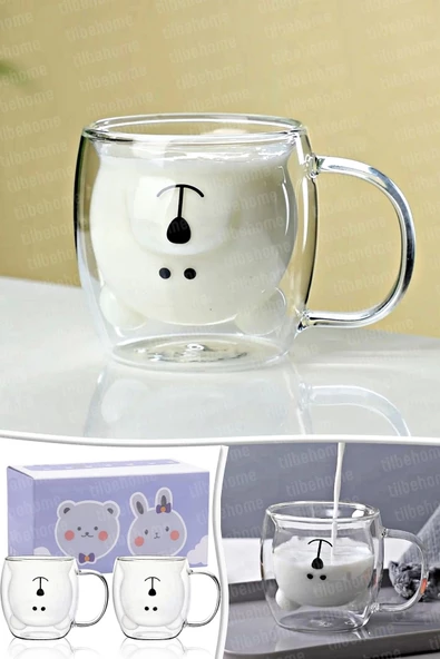 2li Çift Cidarlı Süt Çay Kahve Su Bardağı Sevimli Ayıcık Figürlü Kulplu Isıya Dayanıklı Kupa Bardak - 5