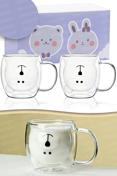 2li Çift Cidarlı Süt Çay Kahve Su Bardağı Sevimli Ayıcık Figürlü Kulplu Isıya Dayanıklı Kupa Bardak - 4