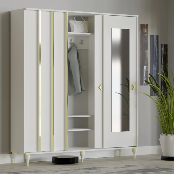 VİLZA BEYAZ SÜRGÜ KAPAKLI AYNALI PORTMANTO VESTİYER - 3