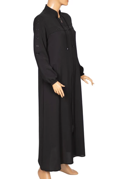 Hesna Kadın Selvi Dokuma Krep Kuş Gözü Aksesuarlı Siyah Ferace - Resim 3