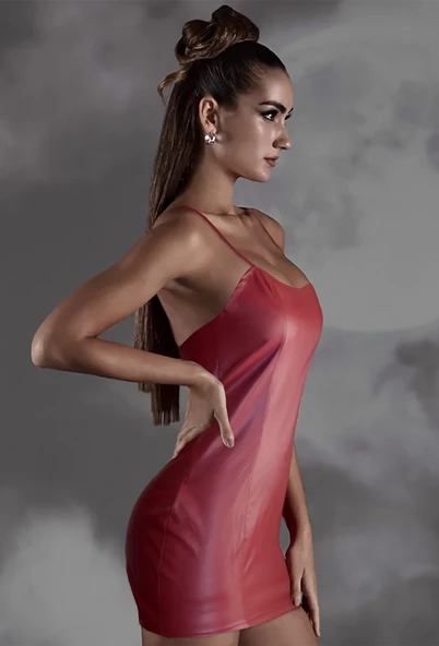 Ergü Bordo İnce Askılı Sırt Dekolteli Deri Kadın Elbise Ergü1520-2 - 4