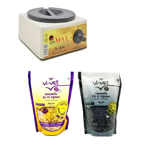 Ege Sir Dpr Max Ağda Makinesi + Vi-Vet Naturel Granül İnci Ağda 250 G + Siyah Granül İnci Ağda 250 G