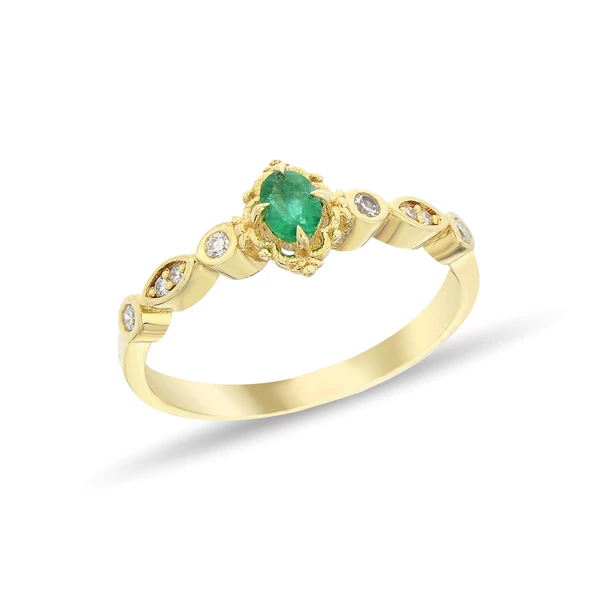 0,08 Karat Pırlantalı Zümrüt Taşlı Vintage Yüzük