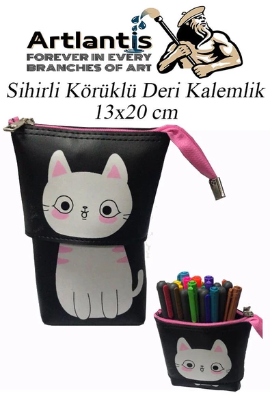 Körüklü Kalemlik Kedi 1 Adet Sihirli Körüklü Deri Kalemlik Kalem Çantası Sevimli Kedi Kalem Kutusu - 6