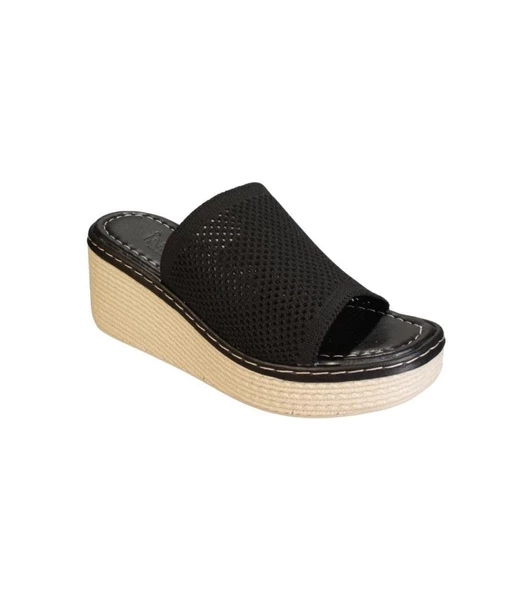 YAZKIŞ Kadın Siyah Vizon (nut) Üzeri Örgü 6cm Dolgu 3Cm Platform Topuk Terlik - 5