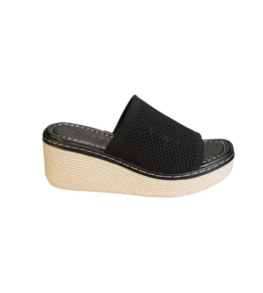 YAZKIŞ Kadın Siyah Vizon (nut) Üzeri Örgü 6cm Dolgu 3Cm Platform Topuk Terlik - 6