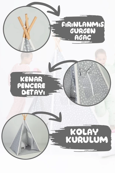 Çocuk Kızılderili Ahşap Direkli Geniş Oyun Çadırı ve Minderli Ev & Bahçe Oyun Alanı - 2