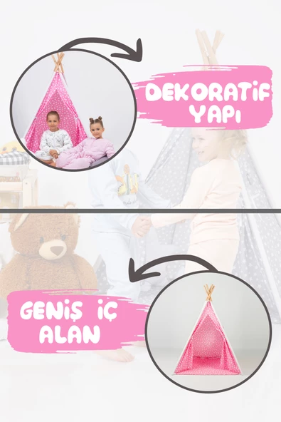 Çocuk Kızılderili Ahşap Direkli Geniş Oyun Çadırı ve Minderli Ev & Bahçe Oyun Alanı - 11
