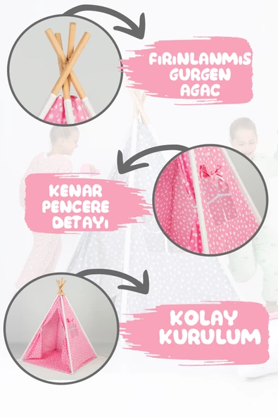 Çocuk Kızılderili Ahşap Direkli Geniş Oyun Çadırı ve Minderli Ev & Bahçe Oyun Alanı - 10