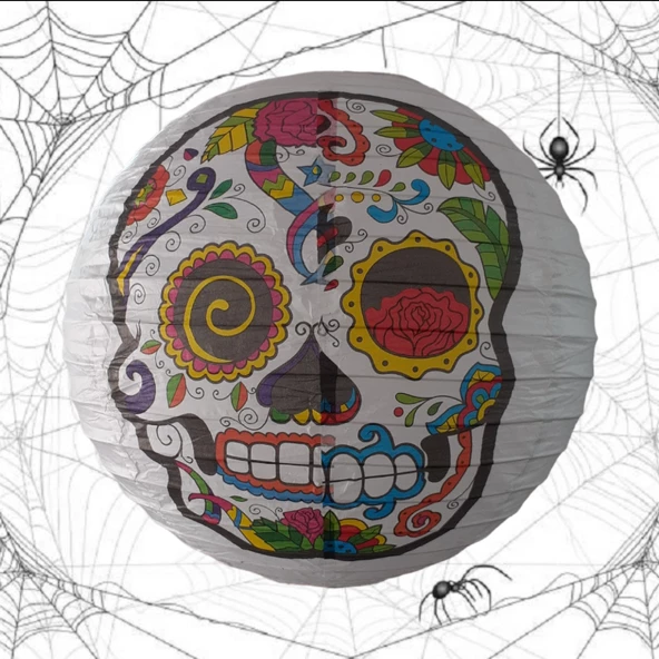 Cadılar Bayramı Kağıt Fener Kurukafa Desenli Beyaz