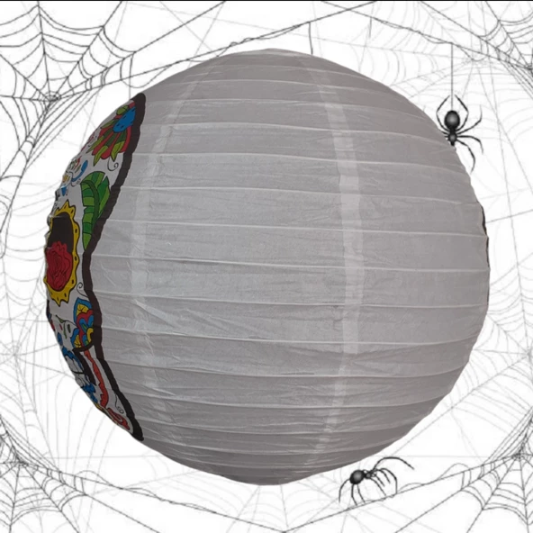 Cadılar Bayramı Kağıt Fener Kurukafa Desenli Beyaz - 2