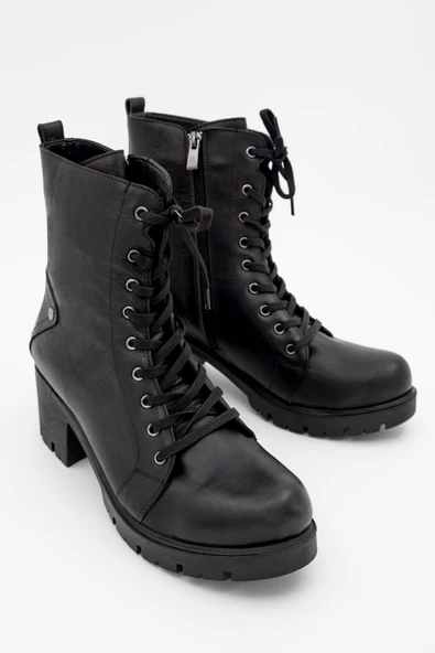 Hakiki Deri Kısa Platform Topuklu Siyah Postal Bot - Tarander - 4