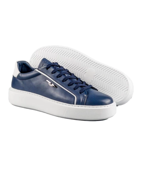 Evo Lacivert Ve Beyaz Hakiki Deri Erkek Spor (Sneaker) Ayakkabı - Resim 3