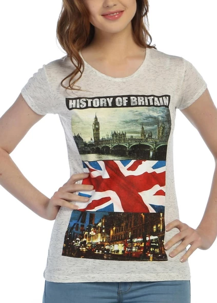 3011 - Beyaz Bayan History Of Britain Baskılı T-Shirt