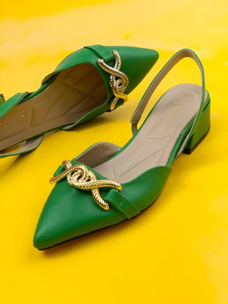 Basskan Bere Yeşil Tokalı Sivri Burun Sandalet Terlik Alçak Topuk - Resim 2