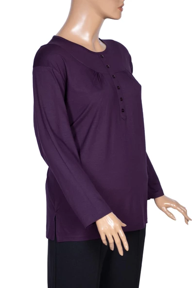 Cimariva Kadın Arsu Büyük Beden Robalı Süs Düğmeli Mürdüm Bluz - 3