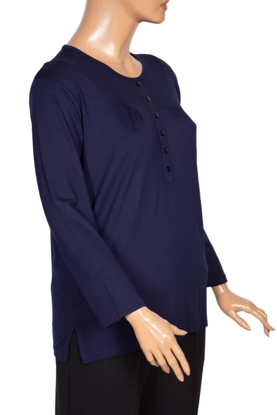 Cimariva Kadın Arsu Büyük Beden Robalı Süs Düğmeli Lacivert Bluz - 3