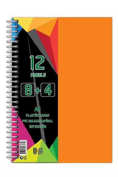 8+4 Ayraçlı Defter 12 Konulu 300 Yaprak 1 Adet 8 Kareli 4 Çizgili Spralli Plastik Kapak Seperatörlü - 9