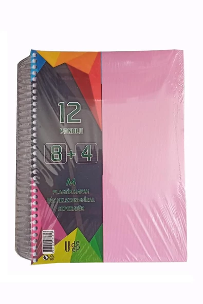 8+4 Ayraçlı Defter 12 Konulu 300 Yaprak 1 Adet 8 Kareli 4 Çizgili Spralli Plastik Kapak Seperatörlü